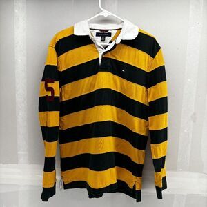 Tommy Hilfiger Yellow Green Striped Mens Large Rugby Polo #5 Shirt Long Sleeve